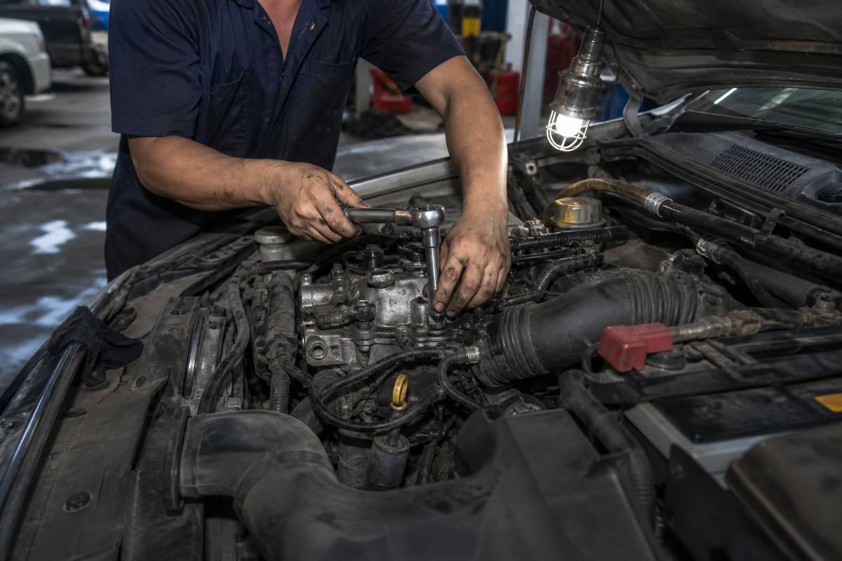 Hands working on an open engine
