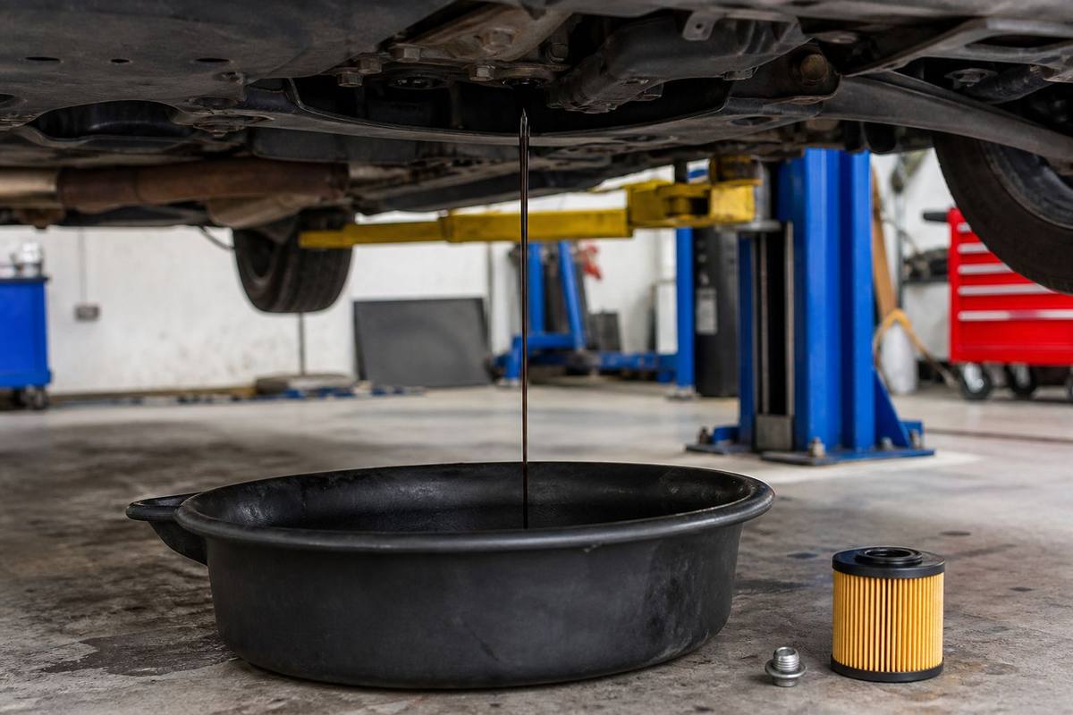Oil change in progress on a lifted car